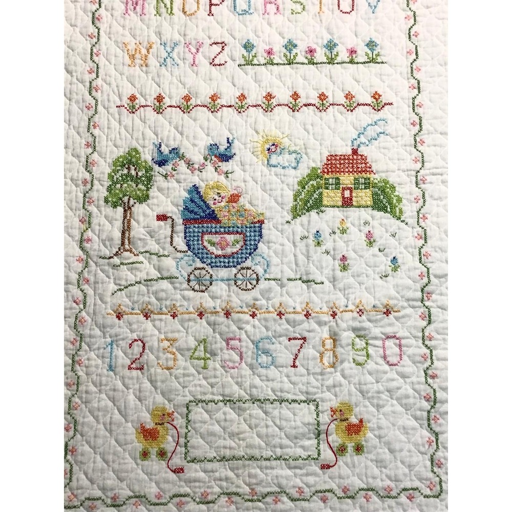 Vintage Hand Cross Stitch Baby Crib Quilt Alphabet ABC Nursery Sampler 34x57 - Picture 8 of 12